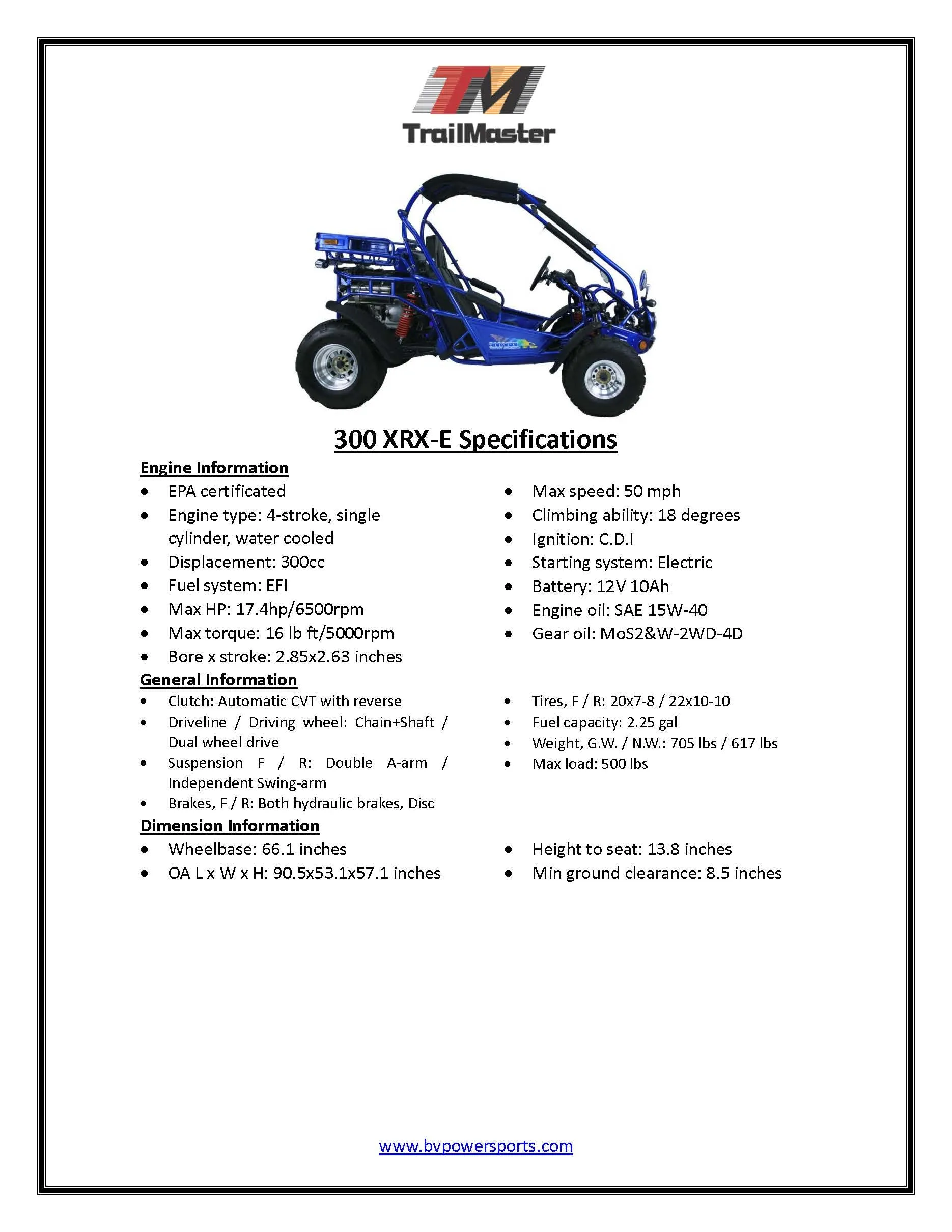 TRAILMASTER 300XRX-E (EFI) Buggy / Go Kart  Water Cooled, Fuel Injected, Independent rear axles, Double A Arm Coil