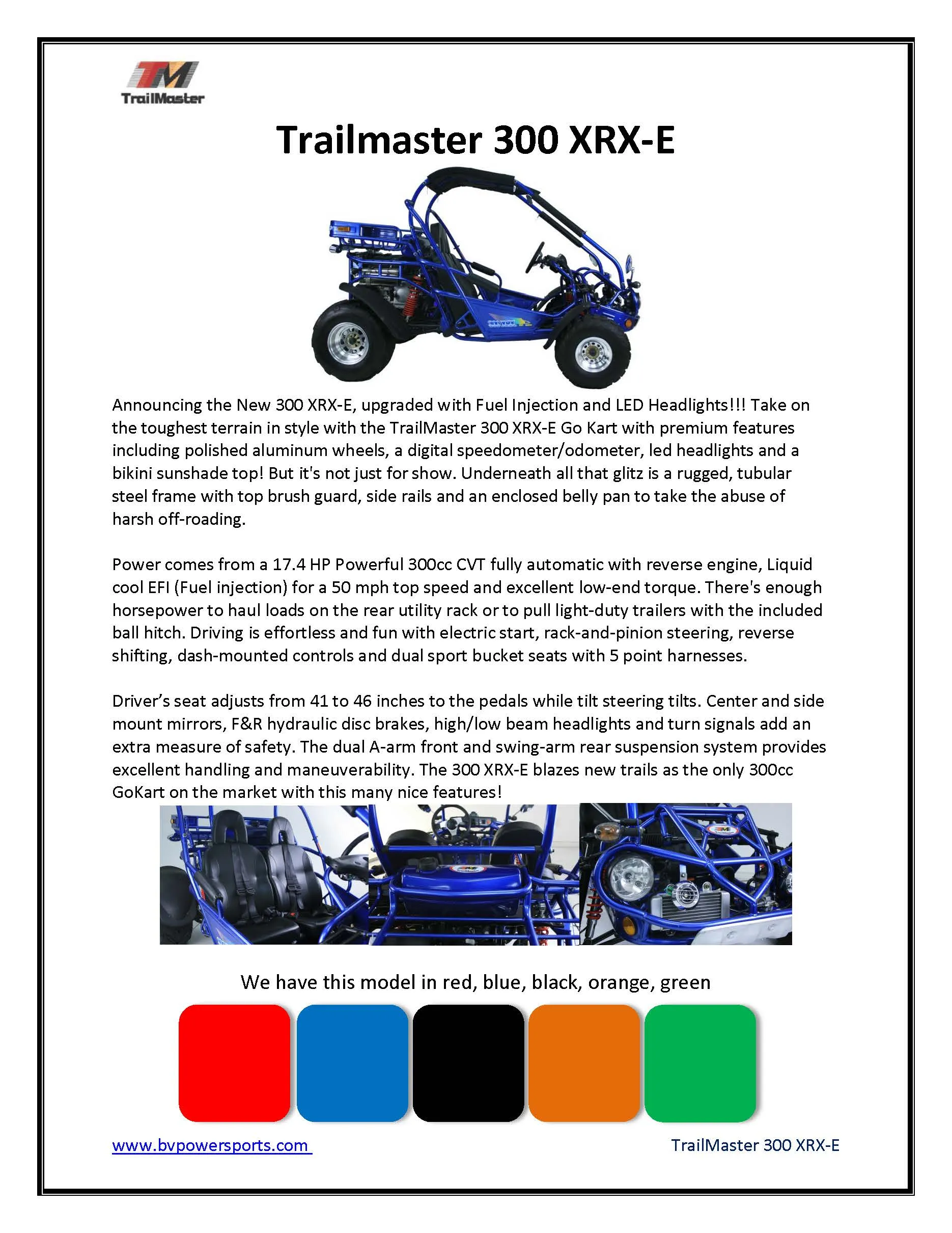 TRAILMASTER 300XRX-E (EFI) Buggy / Go Kart  Water Cooled, Fuel Injected, Independent rear axles, Double A Arm Coil