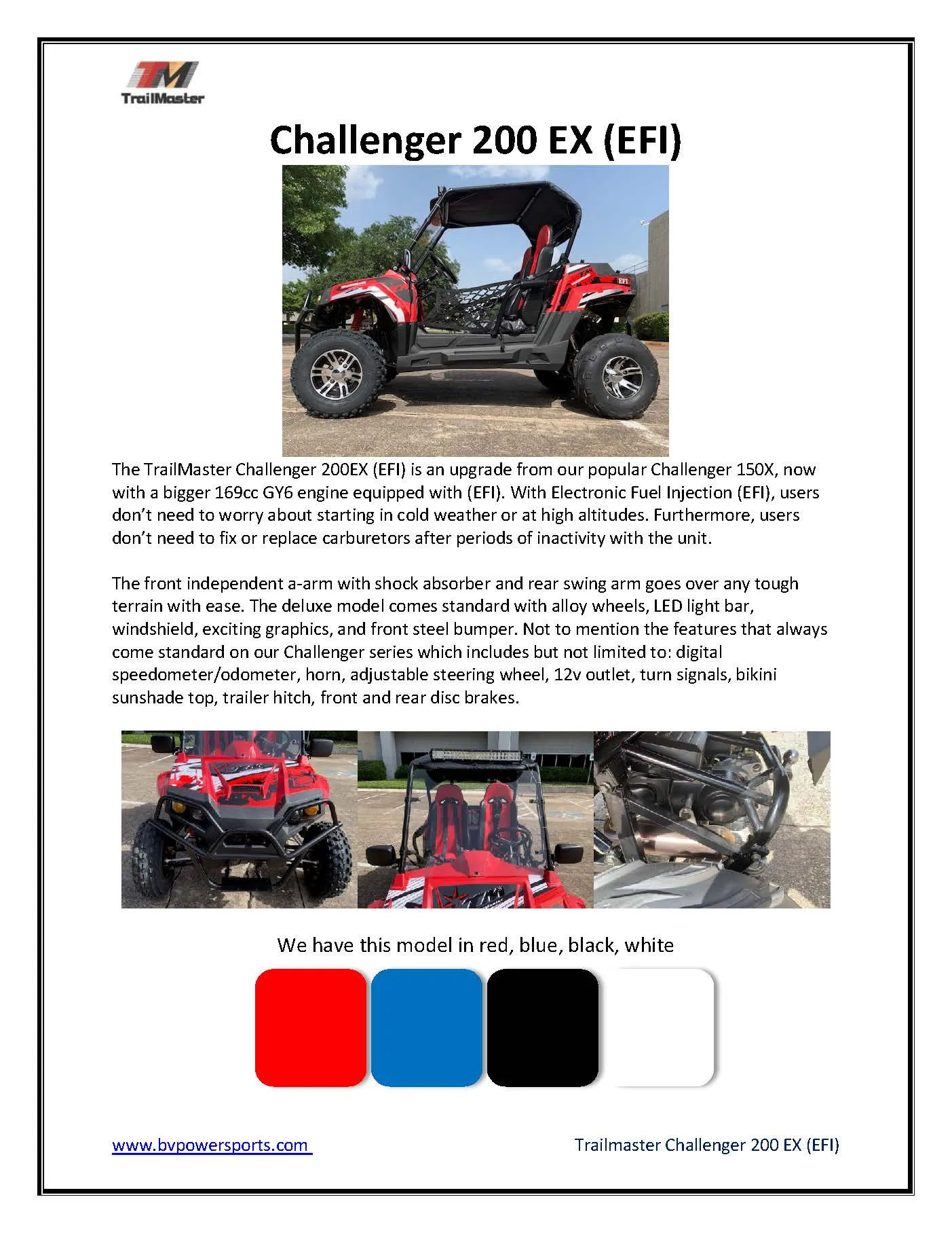 TrailMaster Challenger 200EX EFI UTV Deluxe, Windshield, Push Bar, Chrome Rims, Light bar included