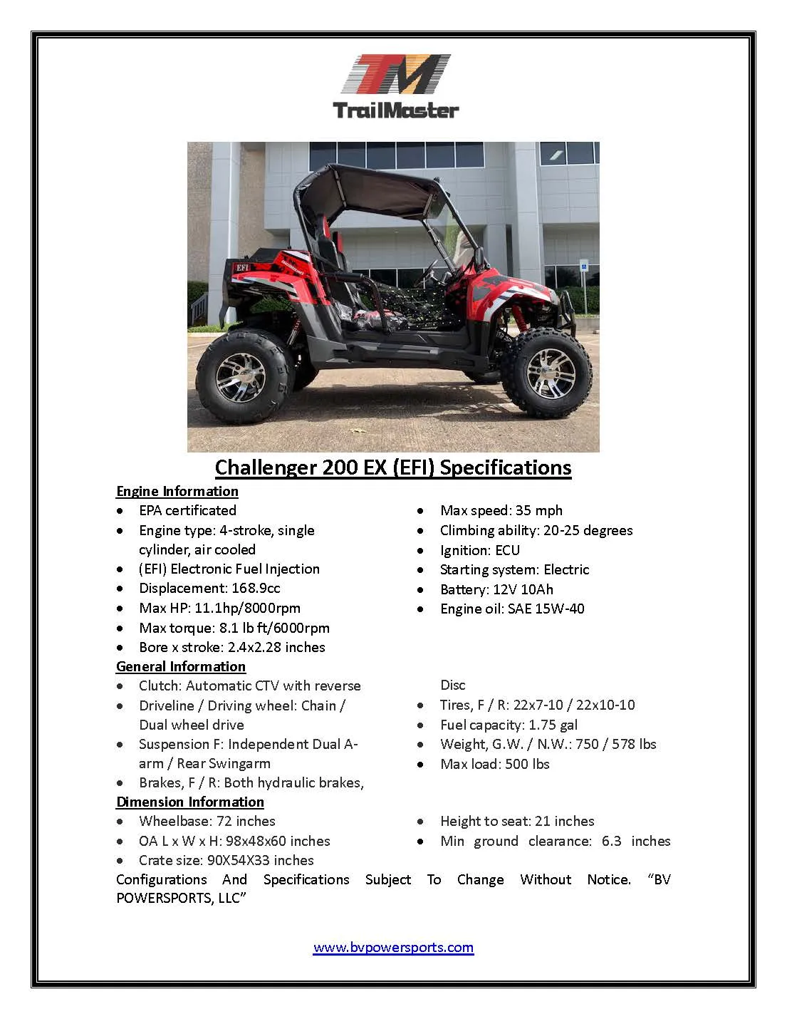 TrailMaster Challenger 200EX EFI UTV Deluxe, Windshield, Push Bar, Chrome Rims, Light bar included