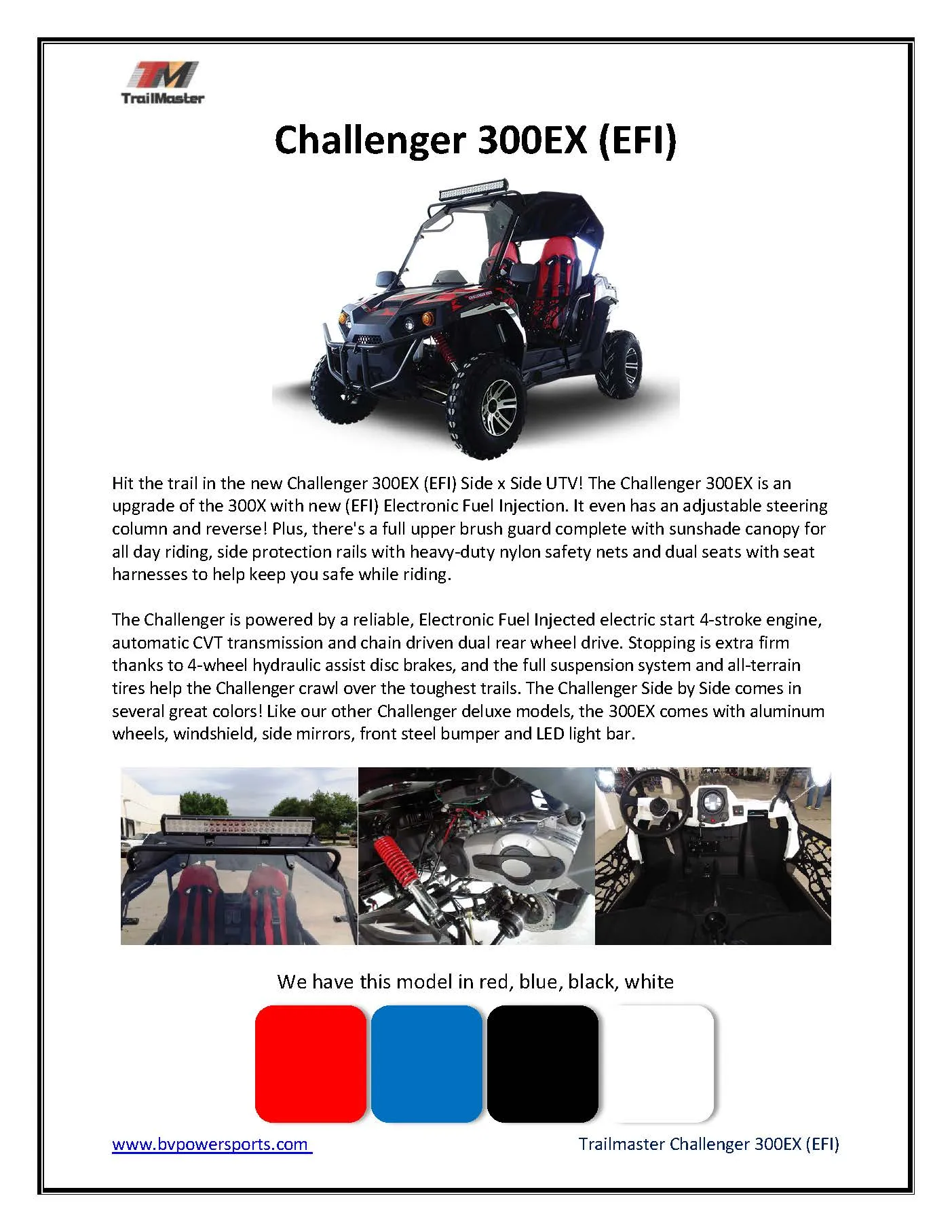 Trailmaster Challenger 300EX EFI UTV / side-by-side All the extras, Push Bar, Wind Shield, Light Bar, Chrome rims, Independent Rear Axels