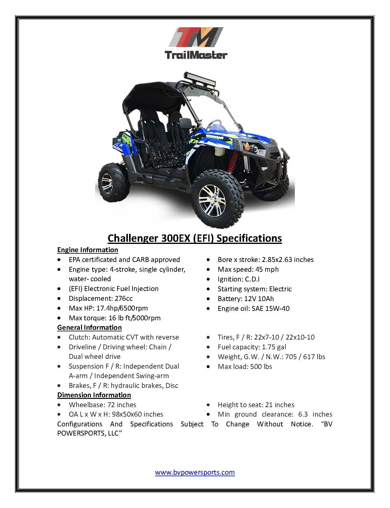 Trailmaster Challenger 300EX EFI UTV / side-by-side All the extras, Push Bar, Wind Shield, Light Bar, Chrome rims, Independent Rear Axels