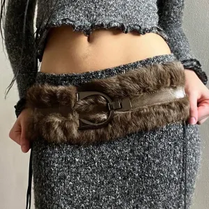 Winter Vintage Furry Patchwork Belt - PU Leather Decorative Waistband for Women
