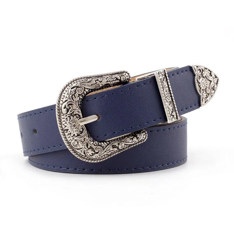 Women's Retro Pin Buckle Belt Vintage Carved  PU Leather Gothic Casual Fashion All-Match Belt Dress Waistband Luxury Brand