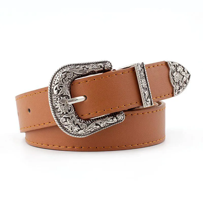 Women's Retro Pin Buckle Belt Vintage Carved  PU Leather Gothic Casual Fashion All-Match Belt Dress Waistband Luxury Brand