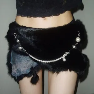 Y2K Black Rabbit Fur Belt - Pearl Chain Star Gothic Punk Cowgirl Waistband