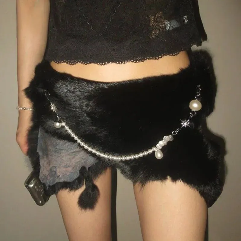 Y2K Black Rabbit Fur Belt - Pearl Chain Star Gothic Punk Cowgirl Waistband