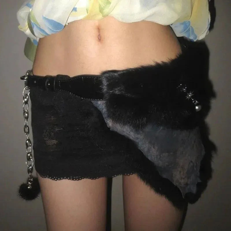 Y2K Black Rabbit Fur Belt - Pearl Chain Star Gothic Punk Cowgirl Waistband
