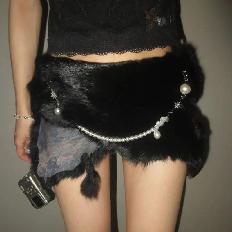 Y2K Black Rabbit Fur Belt - Pearl Chain Star Gothic Punk Cowgirl Waistband