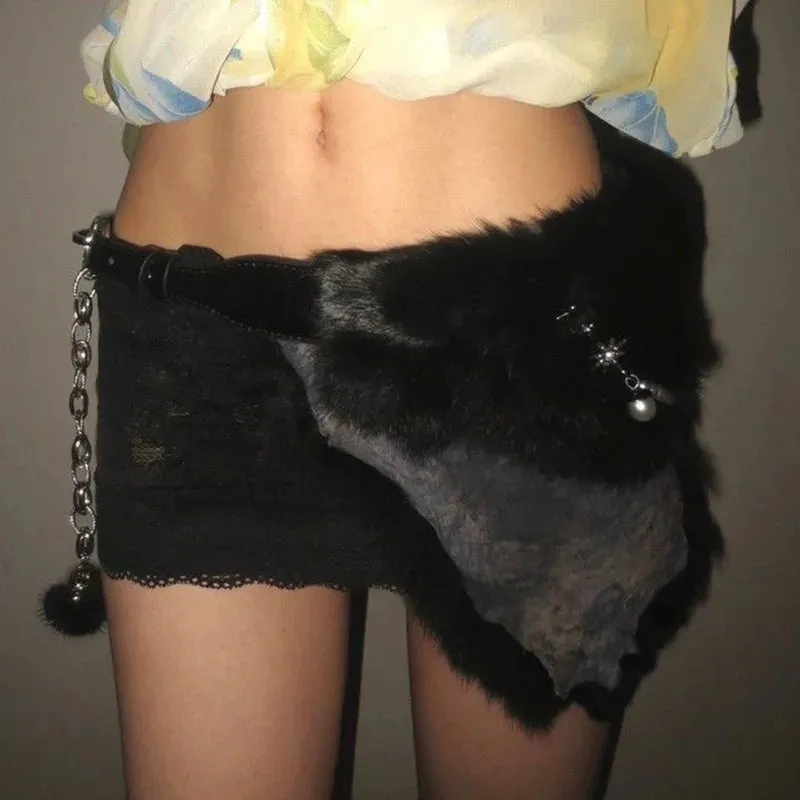 Y2K Black Rabbit Fur Belt - Pearl Chain Star Gothic Punk Cowgirl Waistband